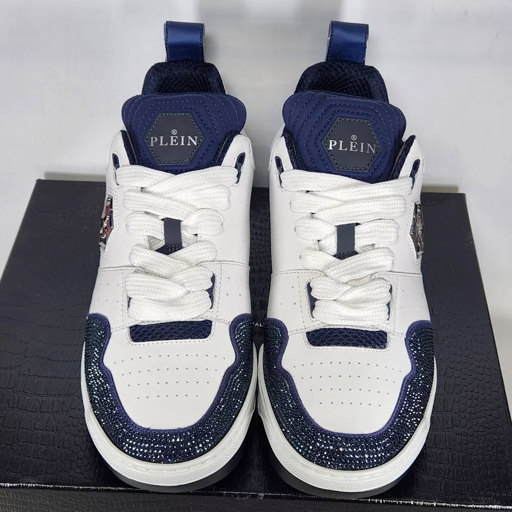 Philipp Plein Mix Leather Lo-Top Sneakers Mens Size 9 White Dark Blue Crystal